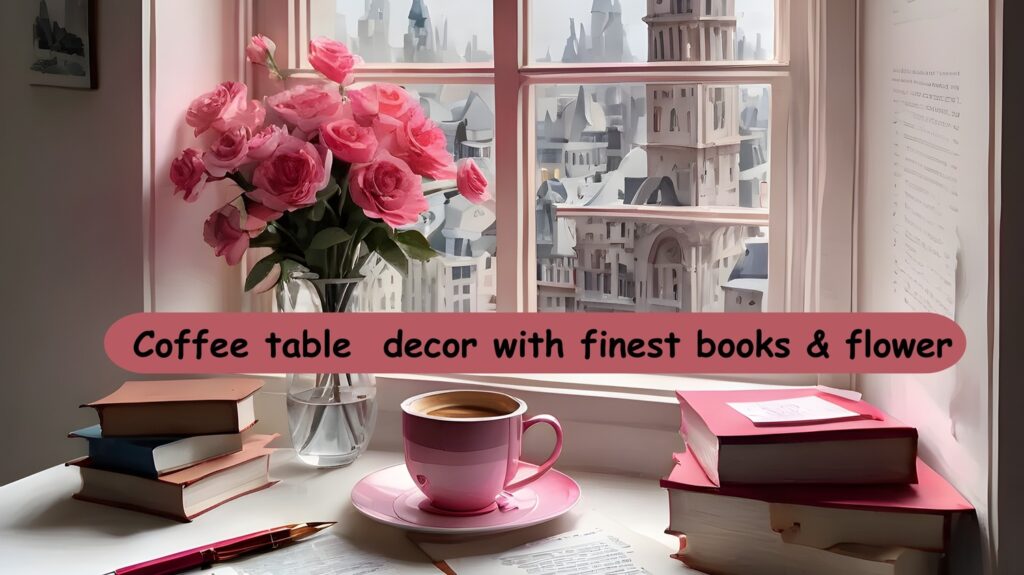 Coffee table with  pink flowers, and coffee cup