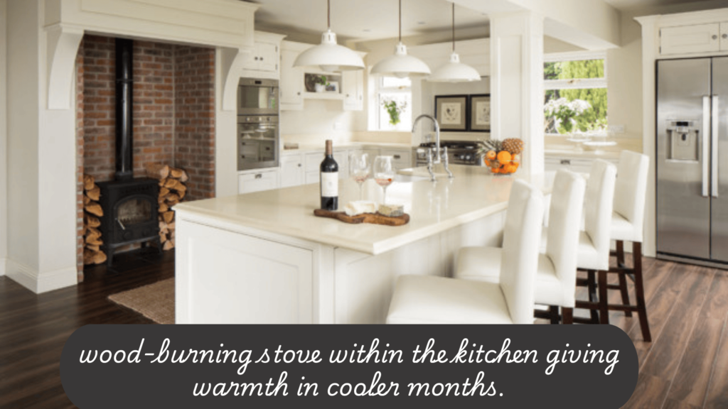 wood-burning stove within the white kitchen
