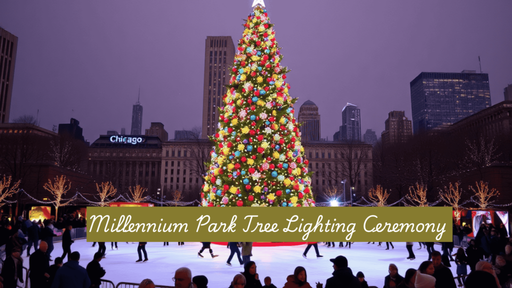 Millennium park holiday cheer Christmas tree, which is decorated by thousands of sparkling light bulbs.
