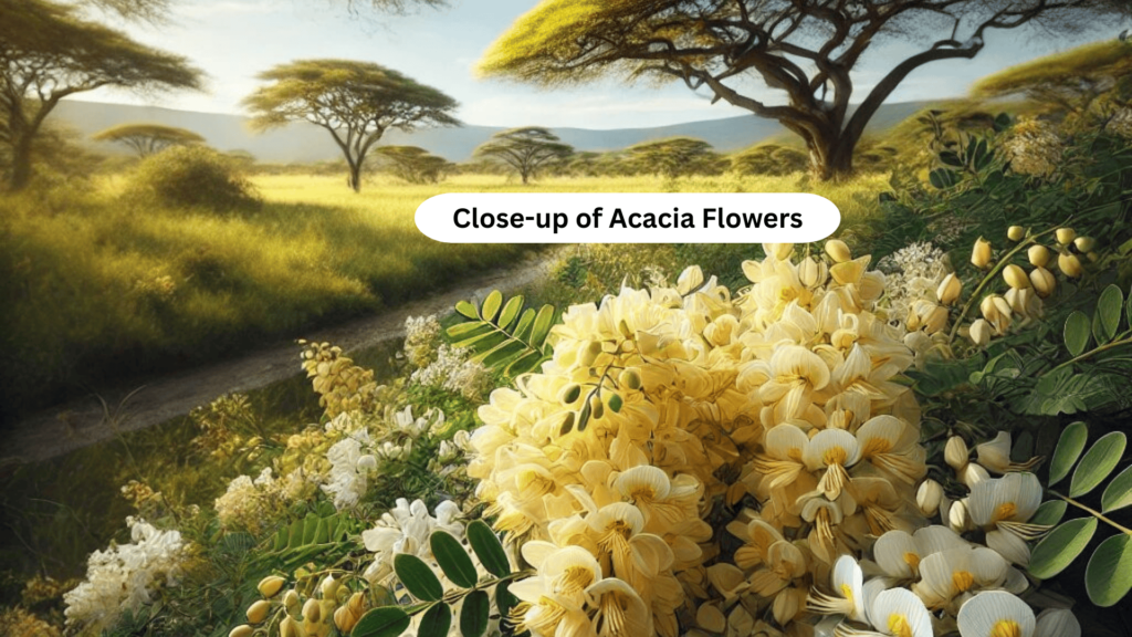 clusters of pale yellow and white acacia flowers