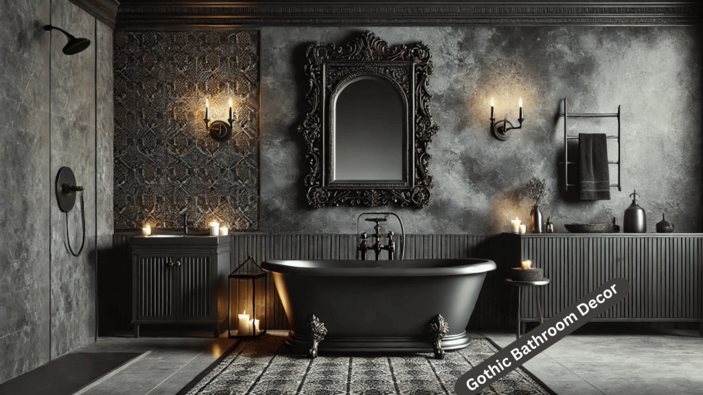 a black freestanding clawfoot bathtub placed against a wall with textu