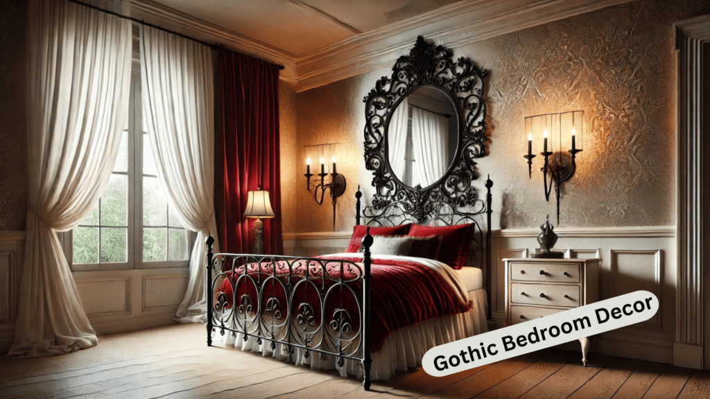 Gothic Bedroom Decor The black bed wrought-iron detailing and luxurious red velvet bedding.