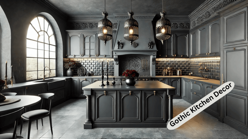 Matte black cabinets with gold hardware, a charcoal gray backsplash.